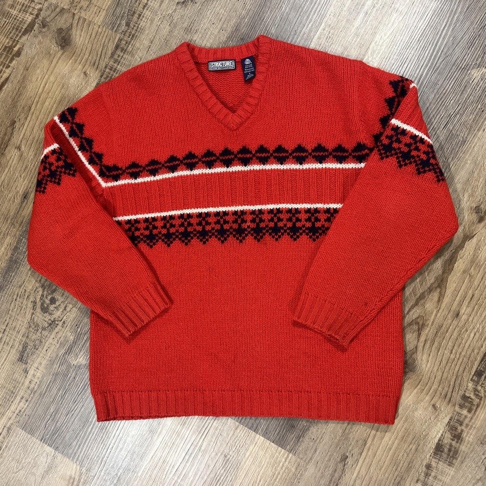 Vintage STRUCTURE 100% Pure New Sheltland Wool Sweater Men's Sz L Red V Neck